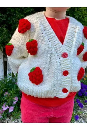 Strawberry Detailed Hand Knitted Girls Cardigan - 4
