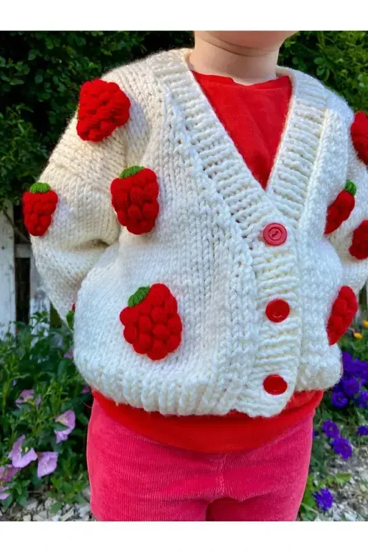 Strawberry Detailed Hand Knitted Girls Cardigan - 4