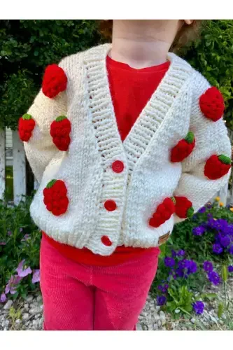 Strawberry Detailed Hand Knitted Girls Cardigan - 5