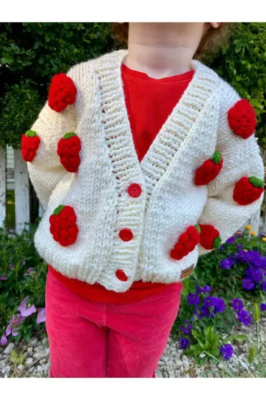 Strawberry Detailed Hand Knitted Girls Cardigan - 5