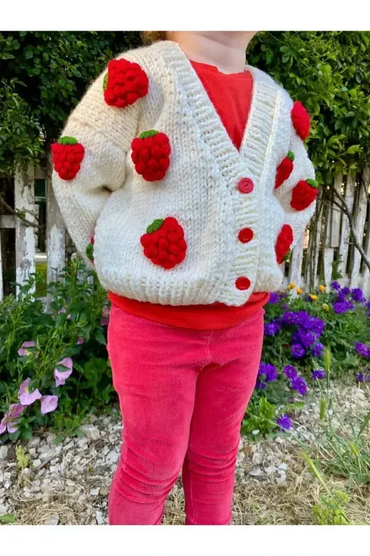 Strawberry Detailed Hand Knitted Girls Cardigan - 6