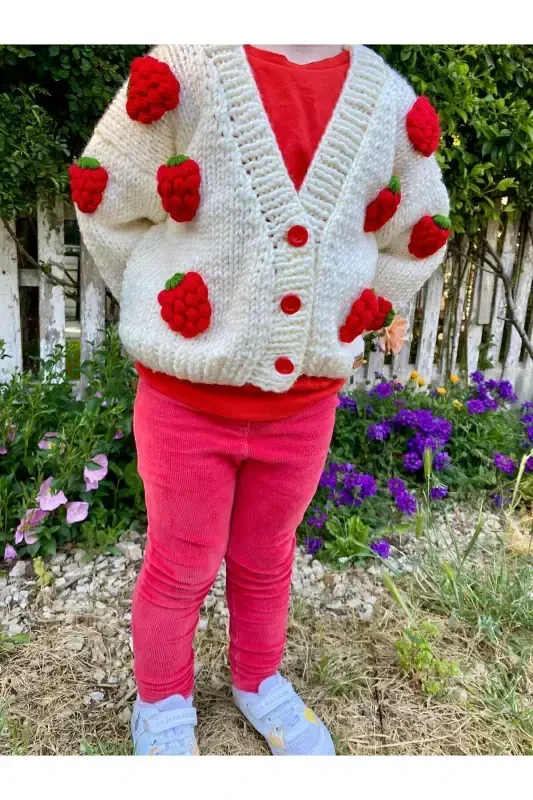 Strawberry Detailed Hand Knitted Girls Cardigan - 7
