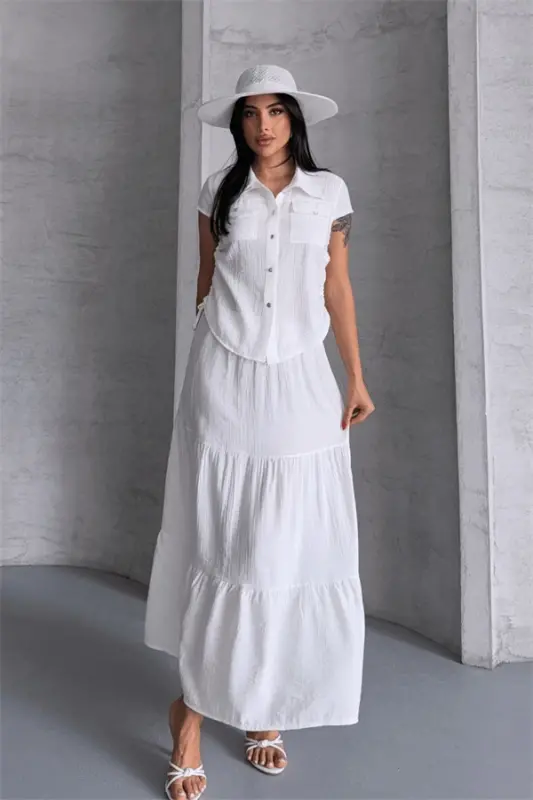 Strawberry Fabric Skirt Suit - WHITE - BÜYÜKBEDENIZ