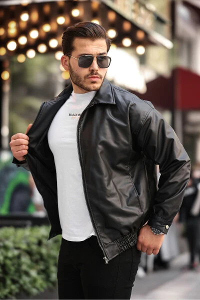 Streetwear Black Oversize Vintage Elastic Waist Relaxed Fit Leather Jacket - GM GIYIMARKET