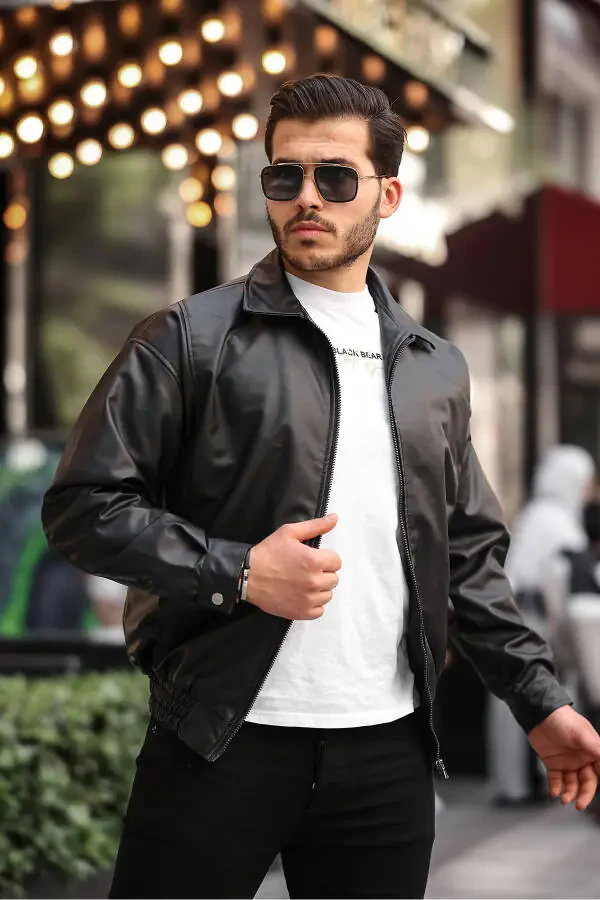 Streetwear Black Oversize Vintage Elastic Waist Relaxed Fit Leather Jacket - 2