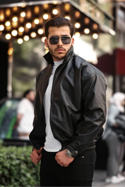 Streetwear qora o'lchamli vintage elastik belbog'li yengil kesilgan charm ko'ylagi - 3