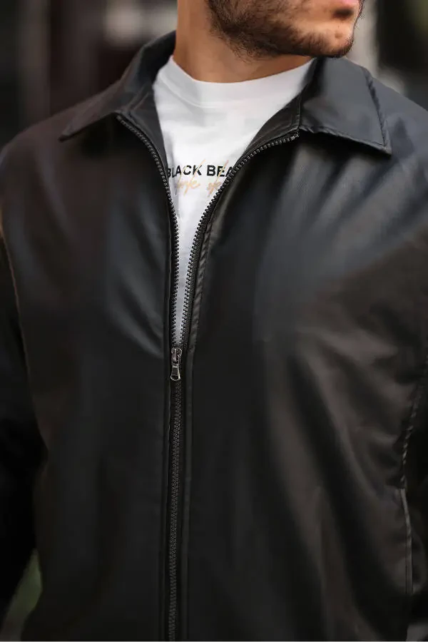 Streetwear qora o'lchamli vintage elastik belbog'li yengil kesilgan charm ko'ylagi - 5