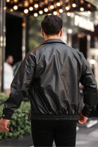 Streetwear qora o'lchamli vintage elastik belbog'li yengil kesilgan charm ko'ylagi - 6