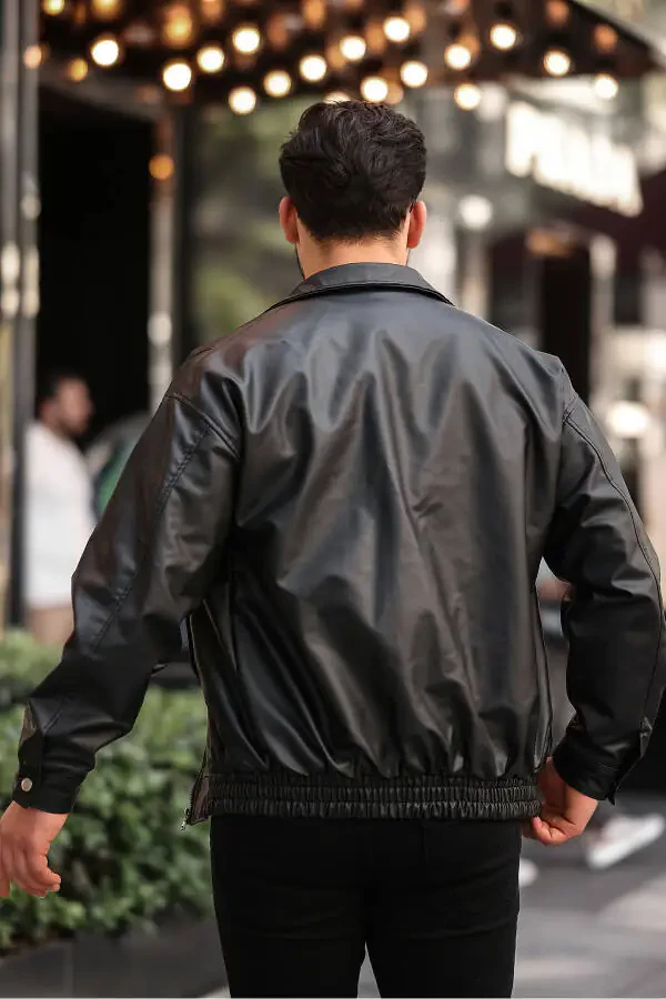 Streetwear qora o'lchamli vintage elastik belbog'li yengil kesilgan charm ko'ylagi - 6