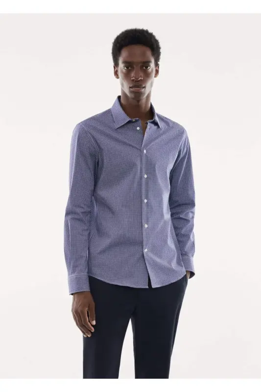 Stretch Micro Check Shirt - Navy Blue - 1