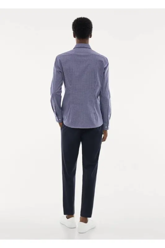Stretch Micro Check Shirt - Navy Blue - 4