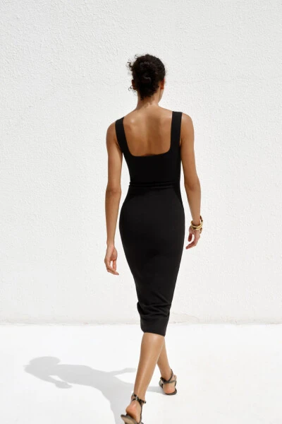 STRETCH SQUARE NECK DRESS-Black - 4