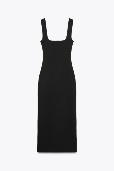 STRETCH SQUARE NECK DRESS-Black - 7