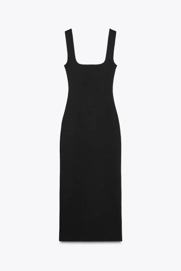 STRETCH SQUARE NECK DRESS-Black - 7