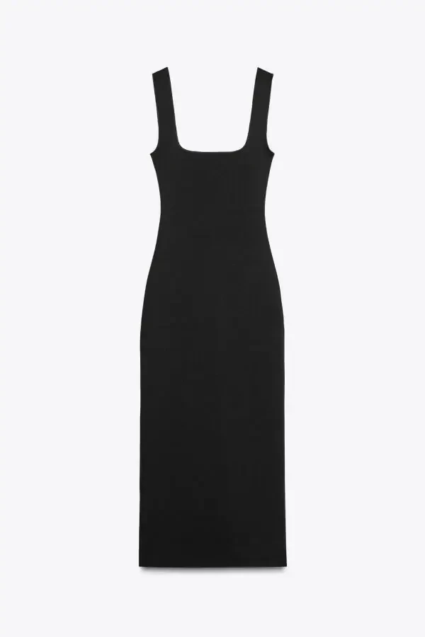 STRETCH SQUARE NECK DRESS-Black - 8