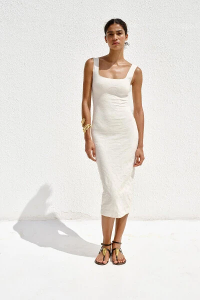 STRETCH SQUARE NECK DRESS-Off-white 