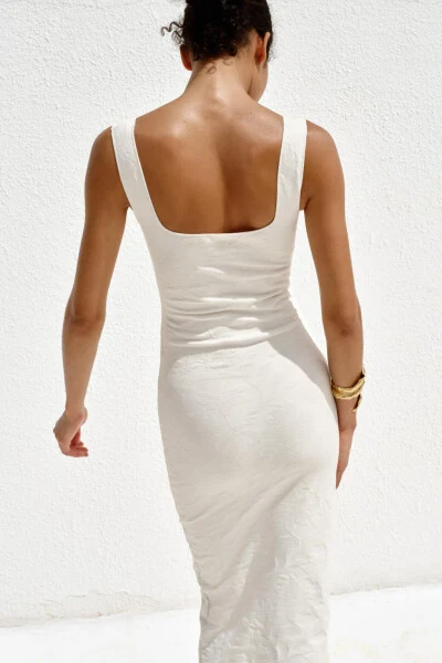 STRETCH SQUARE NECK DRESS-Off-white - 4
