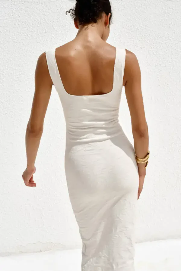 STRETCH SQUARE NECK DRESS-Off-white - 4