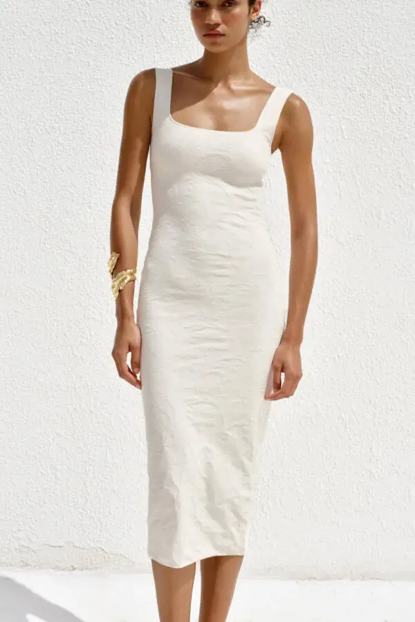STRETCH SQUARE NECK DRESS-Off-white - 5