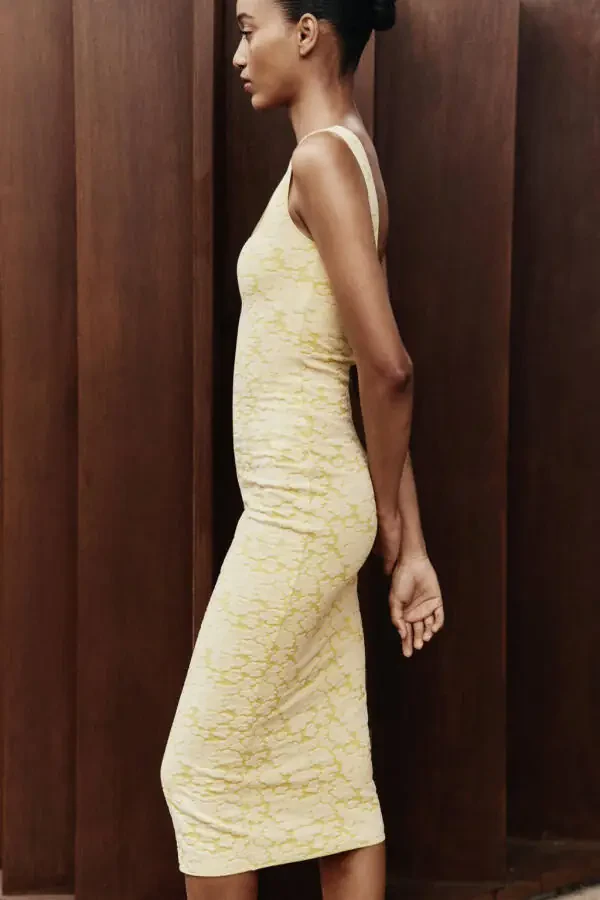 STRETCH SQUARE NECK DRESS-Yellow - 3