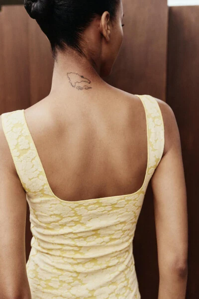 STRETCH SQUARE NECK DRESS-Yellow - 4