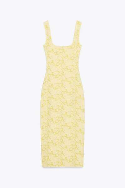 STRETCH SQUARE NECK DRESS-Yellow - 5
