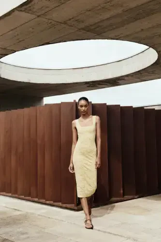 STRETCH SQUARE NECK DRESS-Yellow - 1