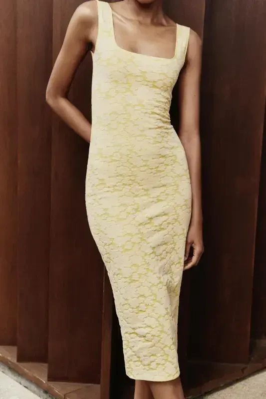 STRETCH SQUARE NECK DRESS-Yellow - 2