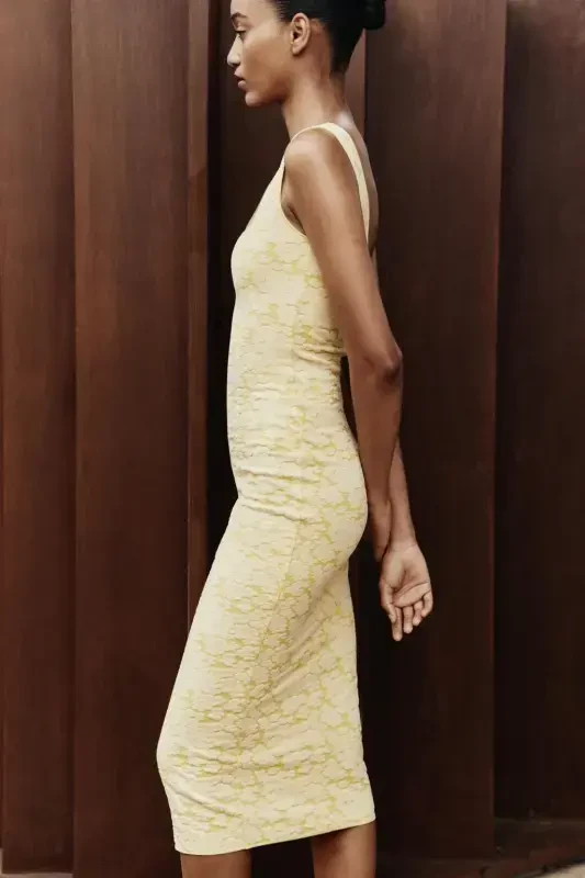 STRETCH SQUARE NECK DRESS-Yellow - 3