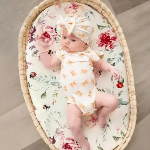 Stretch Ultra Soft Fitted Bassinet Sheet Set 2 Pack, Universal Fit for Bassinets Baby Cradle Moses Basket Oval Rectangle Mattress Safe and Snug, Beautiful Flowers and Insects Pattern for Baby Girls - 4