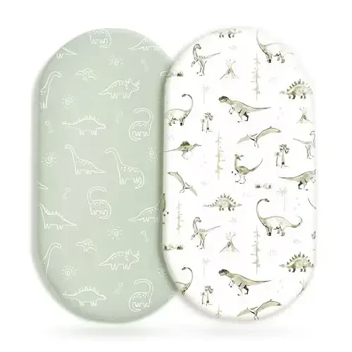 Stretch Ultra Soft Fitted Bassinet Sheet Set 2 Pack, Universal Fit for Bassinets Baby Cradle Moses Basket Oval Rectangle Mattress Safe and Snug, Dinosaur - 1