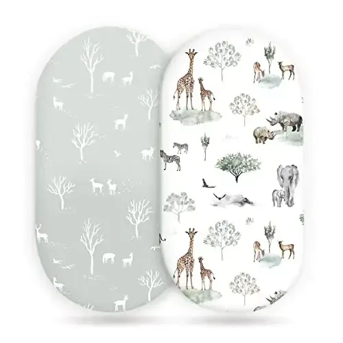 Stretch Ultra Soft Fitted Bassinet Sheet Set 2 Pack, Universal Fit for Bassinets Baby Cradle Moses Basket Oval Rectangle Mattress Safe and Snug, Pretty African Savannah Animals Pattern - 1