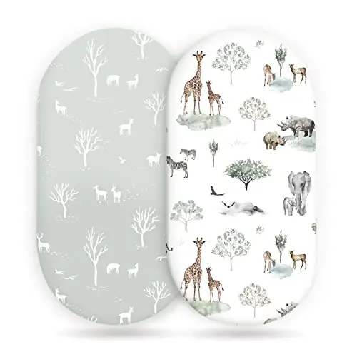 Stretch Ultra Soft Fitted Bassinet Sheet Set 2 Pack, Universal Fit for Bassinets Baby Cradle Moses Basket Oval Rectangle Mattress Safe and Snug, Pretty African Savannah Animals Pattern - STRETCH