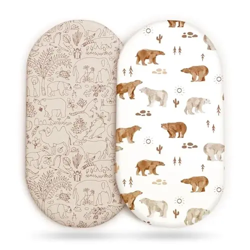 Stretch Ultra Soft Fitted Bassinet Sheet Set 2 Pack, Universal Fit for Bassinets Baby Cradle Moses Basket Oval Rectangle Mattress Safe and Snug, Stylish Bassinet Sheets of Sunny Bear Print - STRETCH