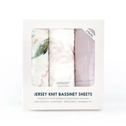 Stretch Ultra Soft Fitted Bassinet Sheet Set 3 Pack, Universal Fit for Bassinets Baby Cradle Moses Basket Oval Rectangle Mattress Safe and Snug, Beautiful Flowers and Insects Pattern for Baby Girls - 41