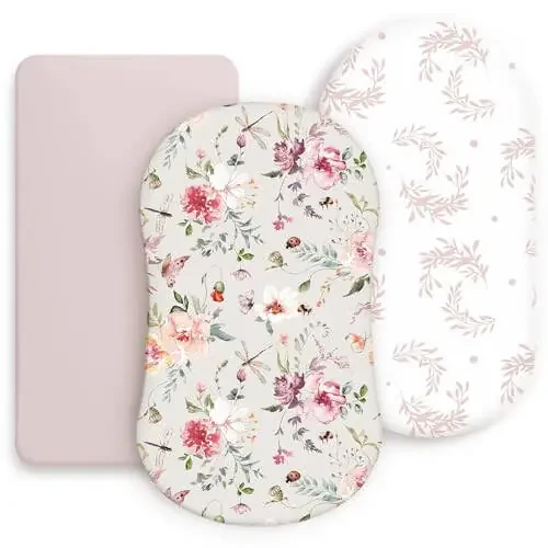Stretch Ultra Soft Fitted Bassinet Sheet Set 3 Pack, Universal Fit for Bassinets Baby Cradle Moses Basket Oval Rectangle Mattress Safe and Snug, Beautiful Flowers and Insects Pattern for Baby Girls - 15