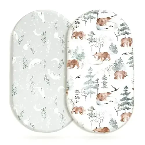 Stretchy Bassinet Mattress Sheets, Ultra Soft Bassinet Sheet 2 Pack, Universal Fitted for Oval Hourglass Rectangular Bassinet Mattress Pad Safe and Snug, Stylish Pattren of Bear and Wolf Print - 2