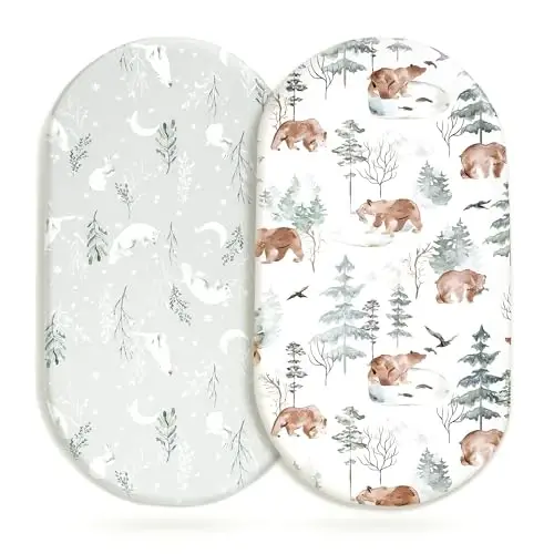 Stretchy Bassinet Mattress Sheets, Ultra Soft Bassinet Sheet 2 Pack, Universal Fitted for Oval Hourglass Rectangular Bassinet Mattress Pad Safe and Snug, Stylish Pattren of Bear and Wolf Print - 1