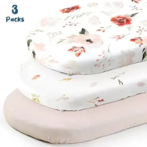 Stretchy Ultra Soft Bassinet Fitted Sheets 3 Pack, Universal Fitted for Bassinets Oval Rectangle Mattress, Pretty Bassinet Sheets for Baby Girls, Watercolor Rose Flora Orange Pink - STRETCHY (1)