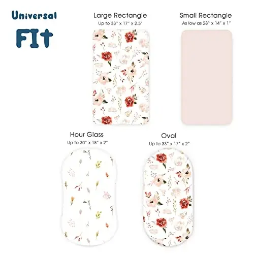 Stretchy Ultra Soft Bassinet Fitted Sheets 3 Pack, Universal Fitted for Bassinets Oval Rectangle Mattress, Pretty Bassinet Sheets for Baby Girls, Watercolor Rose Flora Orange Pink - 3