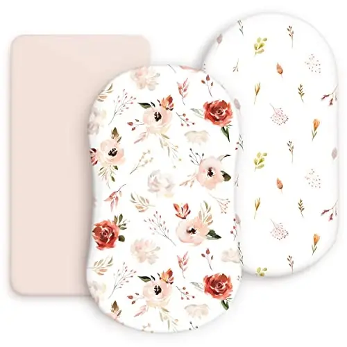 Stretchy Ultra Soft Bassinet Fitted Sheets 3 Pack, Universal Fitted for Bassinets Oval Rectangle Mattress, Pretty Bassinet Sheets for Baby Girls, Watercolor Rose Flora Orange Pink - 4