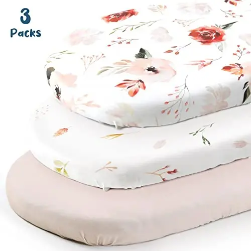 Stretchy Ultra Soft Bassinet Fitted Sheets 3 Pack, Universal Fitted for Bassinets Oval Rectangle Mattress, Pretty Bassinet Sheets for Baby Girls, Watercolor Rose Flora Orange Pink - 5