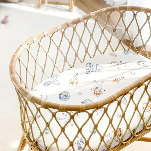 Stretchy Ultra Soft Fitted Bassinet Sheet Set 2 Pack, Universal Fit for Bassinets Baby Cradle Moses Basket Oval Rectangle Mattress Safe and Snug, Space Stylish Print - 5