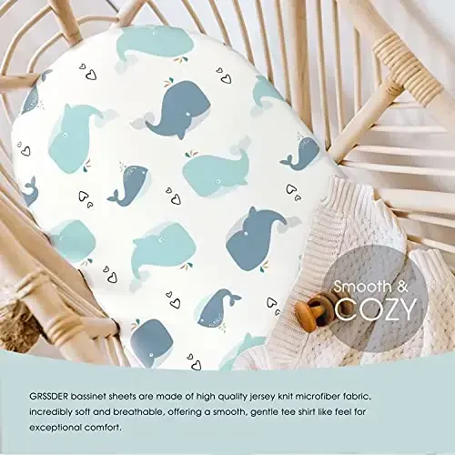 Stretchy Ultra Soft Fitted Bassinet Sheet Set 2 Pack, Universal Fit for Bassinets Baby Cradle Moses Basket Oval Rectangle Pad/Mattress, Lovely Whale Bassinet Sheets - 3