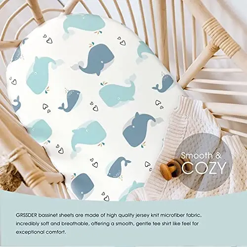 Stretchy Ultra Soft Fitted Bassinet Sheet Set 2 Pack, Universal Fit for Bassinets Baby Cradle Moses Basket Oval Rectangle Pad/Mattress, Lovely Whale Bassinet Sheets - 3