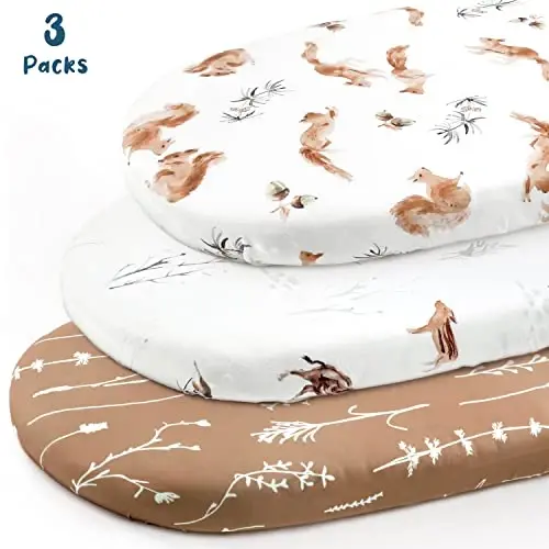 Stretchy Ultra Soft Fitted Bassinet Sheet Set 3 Pack, Universal Fit for Bassinets Baby Cradle Moses Basket Oval Rectangle Mattress Safe and Snug, Cute Jungle Squirrels and Animals - STRETCHY (1)