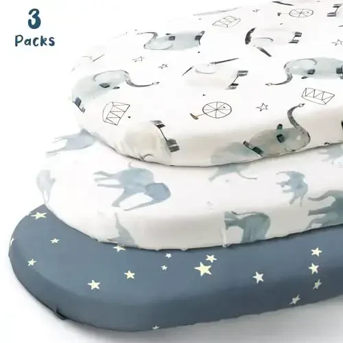 Stretchy Ultra Soft Fitted Bassinet Sheets Set 3 Pack, Universal Fit for Bassinets Baby Cradle Moses Basket Oval Rectangle Mattress Safe and Snug, Stylish Bassinet Sheet of Elephant Print - 2