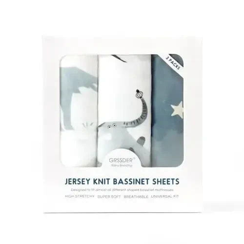 Stretchy Ultra Soft Fitted Bassinet Sheets Set 3 Pack, Universal Fit for Bassinets Baby Cradle Moses Basket Oval Rectangle Mattress Safe and Snug, Stylish Bassinet Sheet of Elephant Print - 4