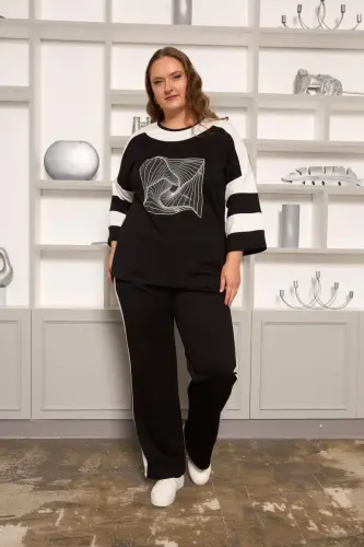 Strip Detailed Plus Size Tracksuit Black - 1