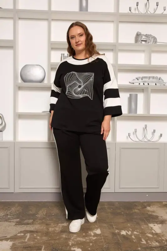 Strip Detailed Plus Size Tracksuit Black - 1